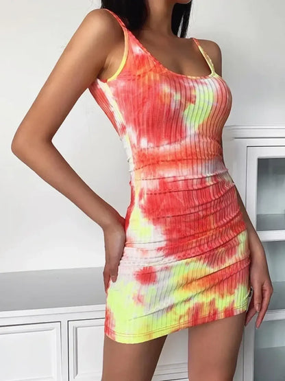 LB | Tie-dye prążkowana mini sukienka ze sznurkiem z boku