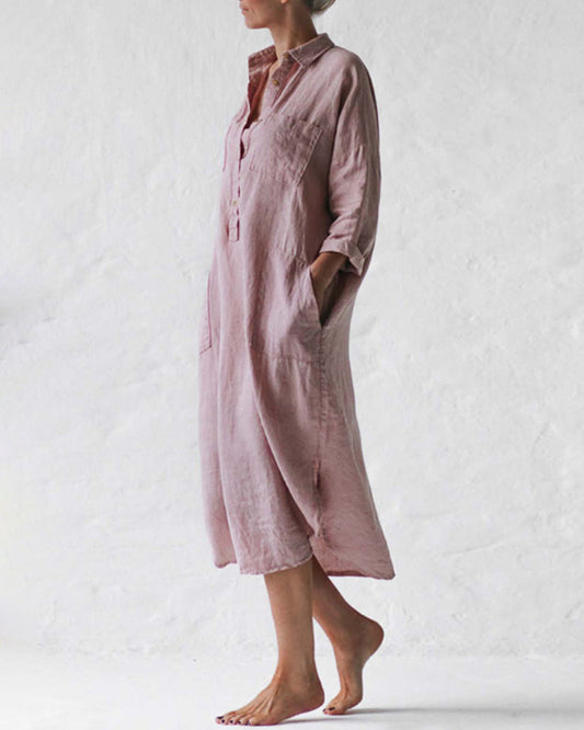 LB | Casual Button Raglan Long Sleeve Pockets Loose Shirt Dress Lounge Midi Dresses Beach Cover Up