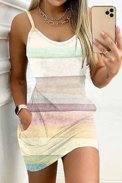 LB | Sukienki damskie Pasek z nadrukiem Kieszeń Casual Mini Sukienka