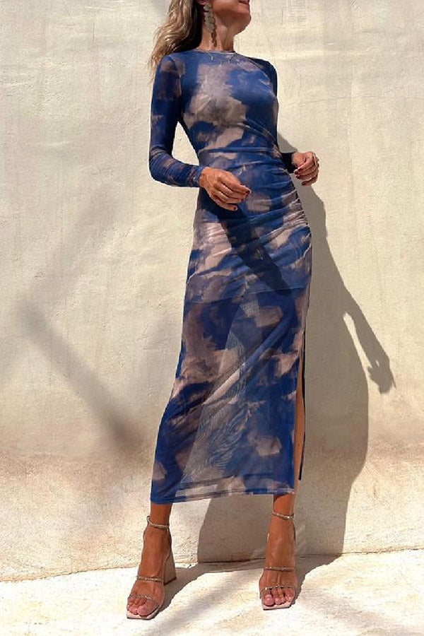 LB | Charm Lady Mesh Overlay Tie Dye Print Long Sleeve Ruffled Stretch Midi Dress