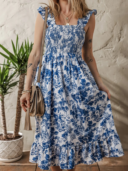 LB | Floral Ruffle Strap Square Neck Smocked Bodice Midi Dress