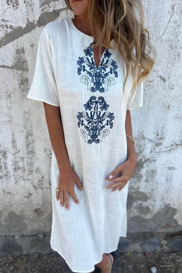 LB | Bohemian Print Lniana luźna sukienka midi