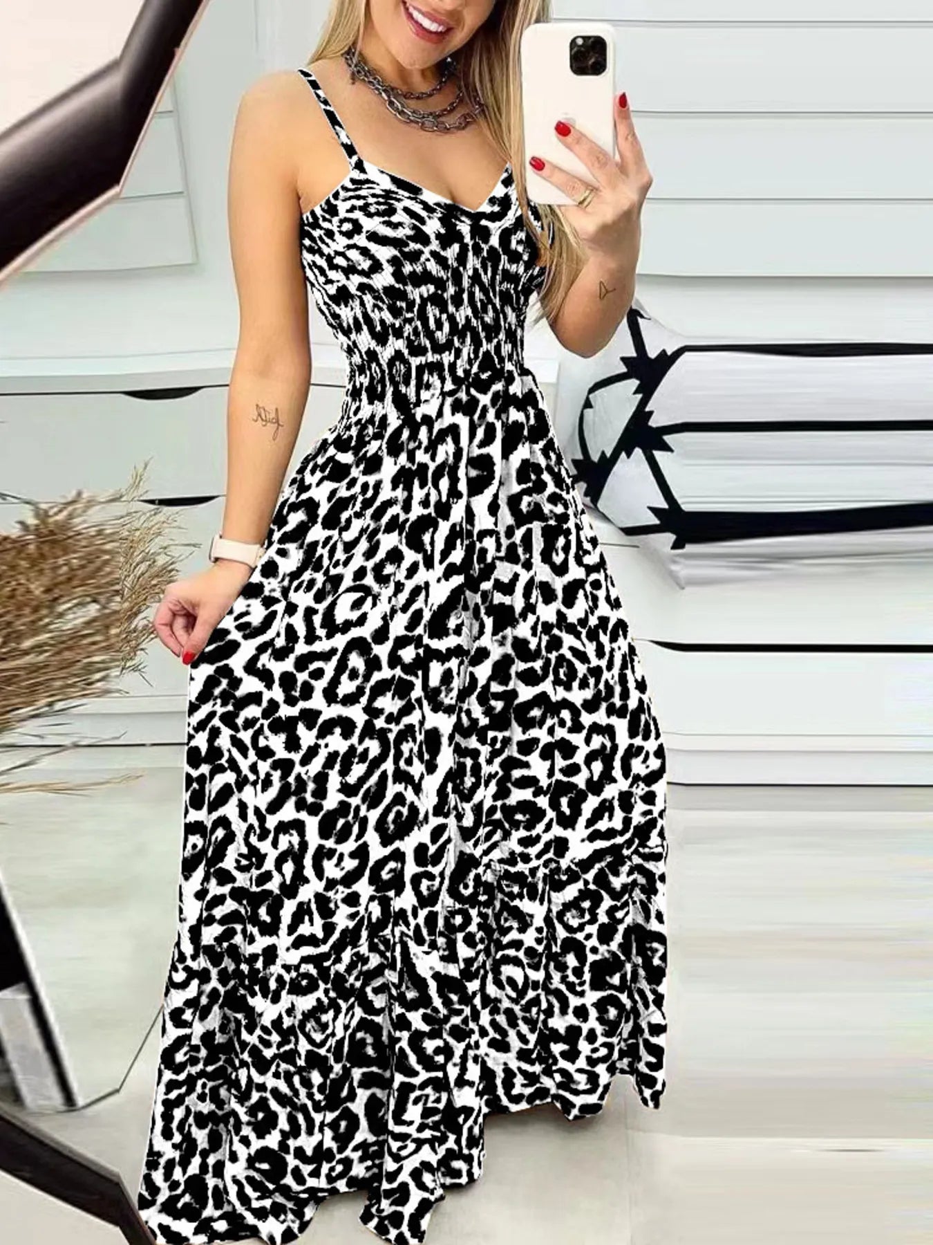 LB | Full Size Leopard Print Spaghetti Strap Maxi Dress Plus Size