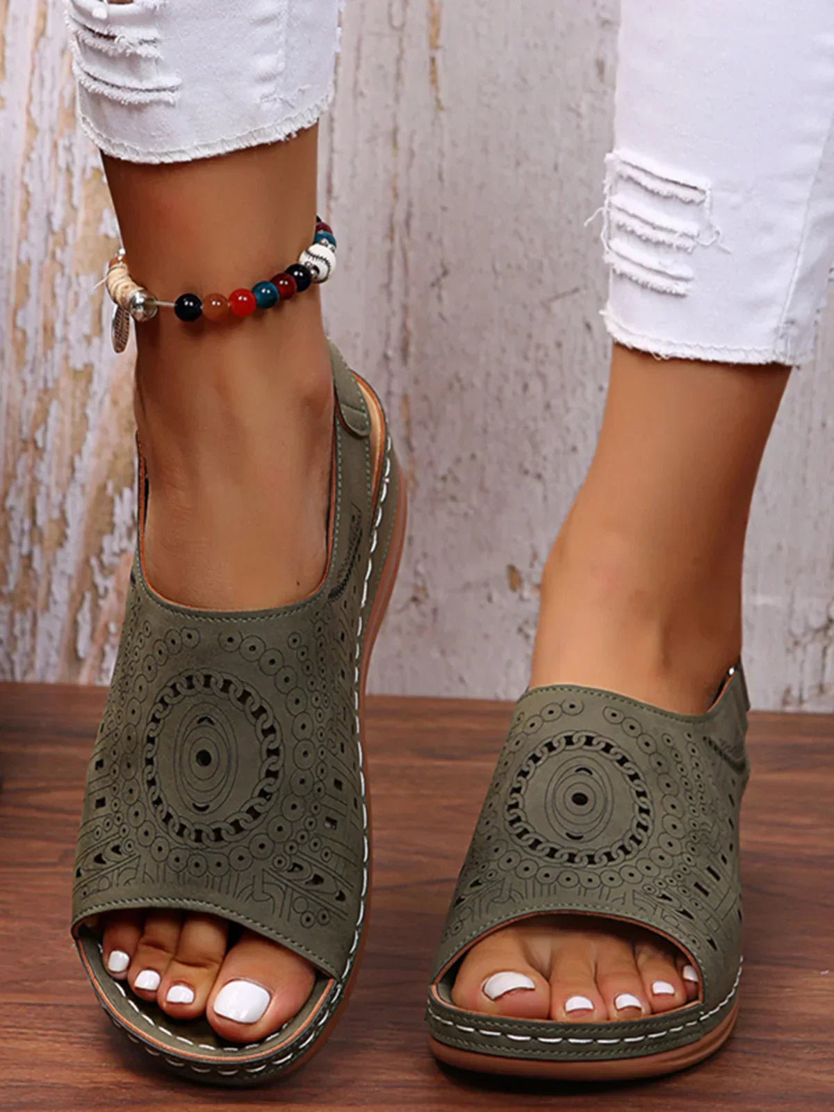 AS | Ethnic Pattern Punched Hollow Velcro Retro Sandały