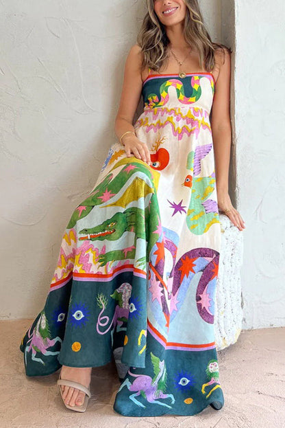 LB | Feel Effortlessly Linen Blend Unique Print Smocked Back Midi Dress