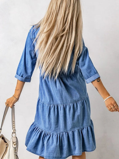 LB | Full Size Ruffled Hem Button Up Denim Midi Dress Plus Size