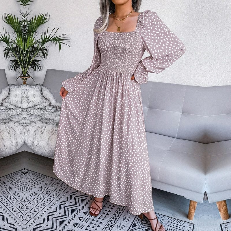 LB | Lotte™ Elegancka beżowa sukienka maxi z długim rękawem