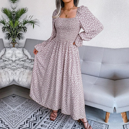 LB | Lotte™ Elegancka beżowa sukienka maxi z długim rękawem