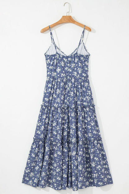 LB | Floral Spaghetti Strap Ruffle V Neck Tiered Midi Dress