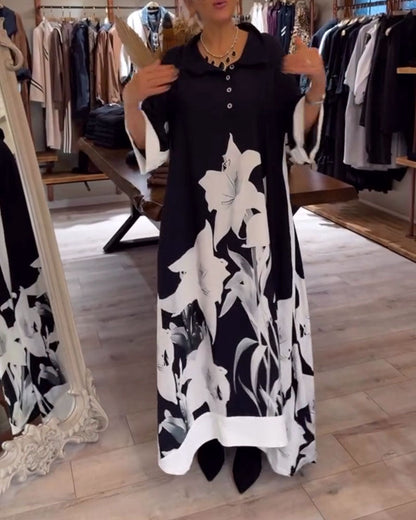 LB | Oversize maxi sukienka z nadrukowanym kołnierzem