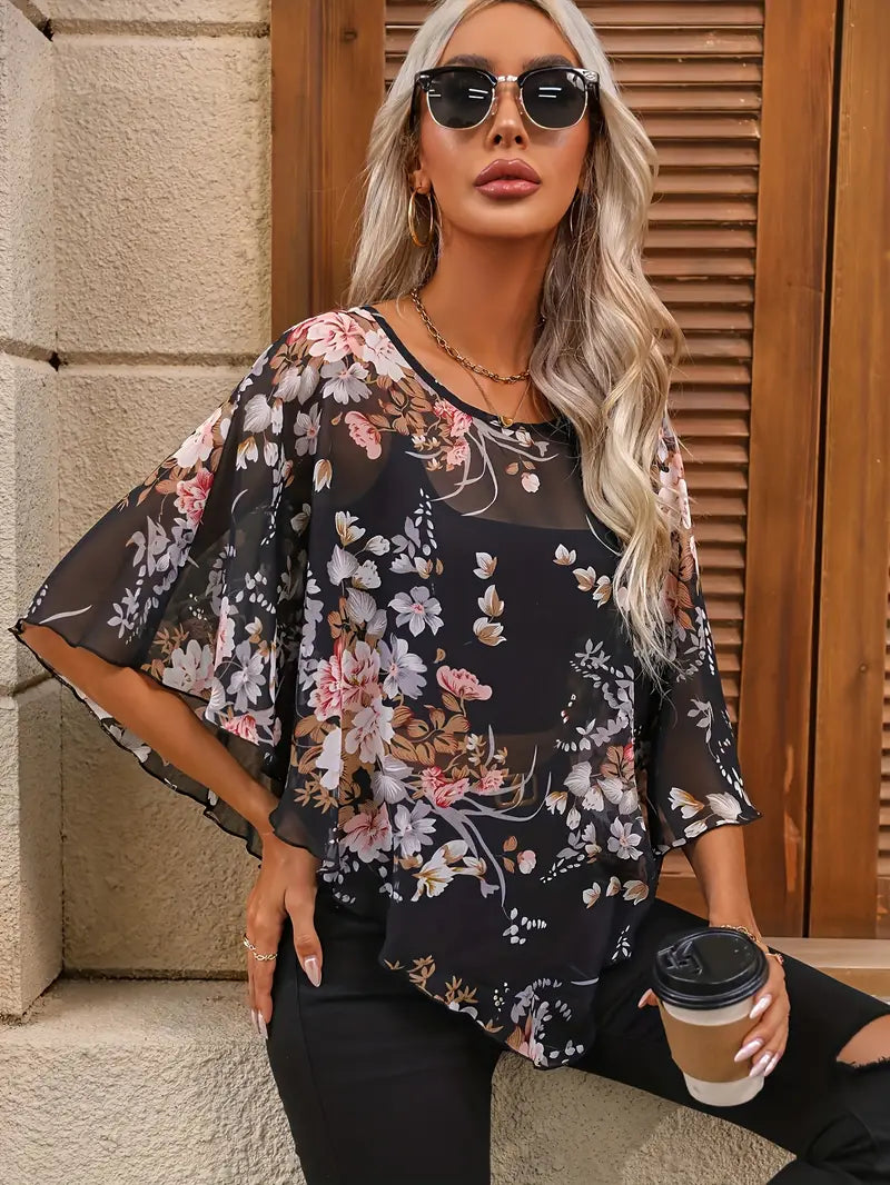 LB | Elegancka asymetryczna bluzka z kwiatowym nadrukiem