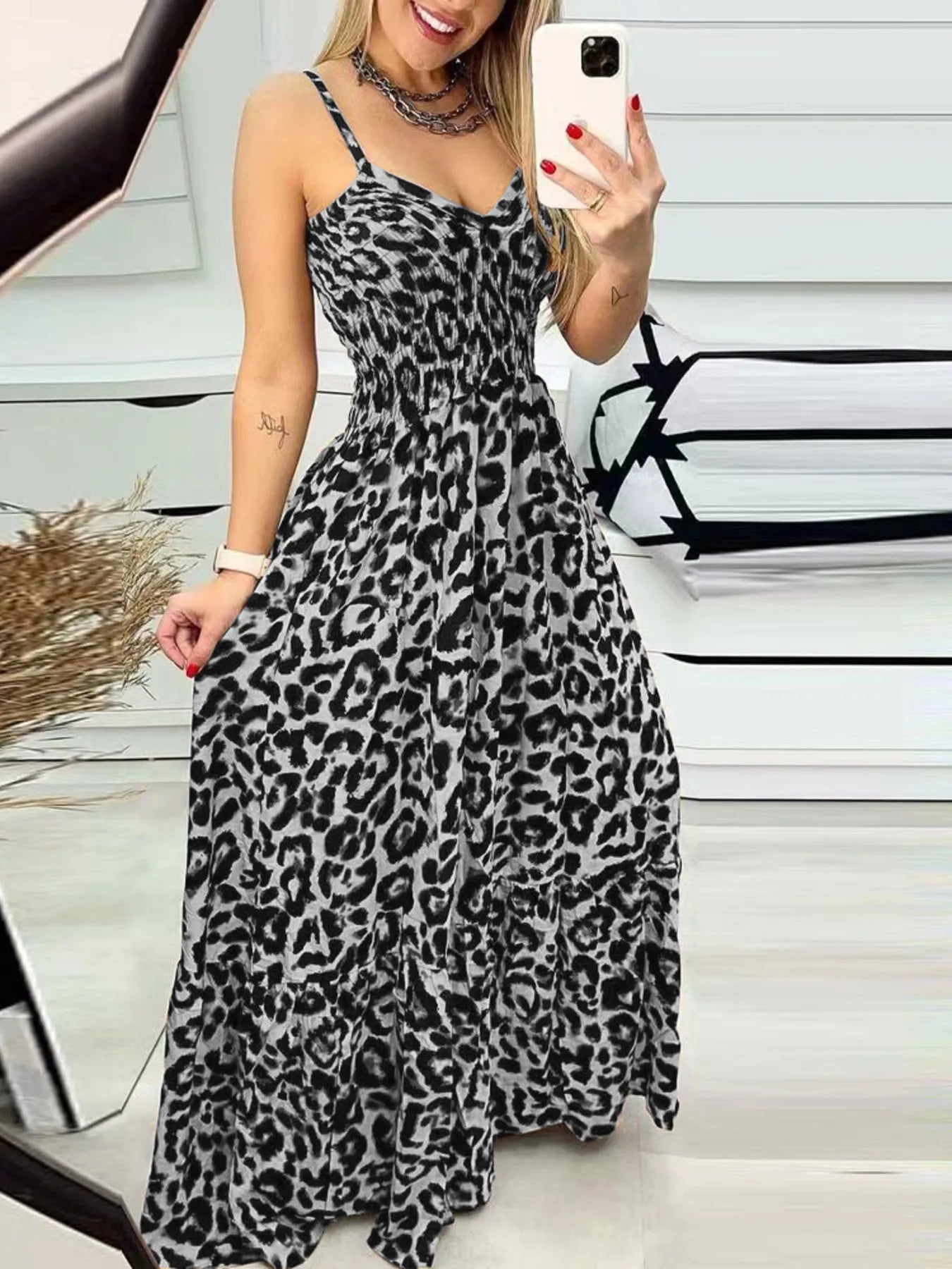 LB | Full Size Leopard Print Spaghetti Strap Maxi Dress Plus Size