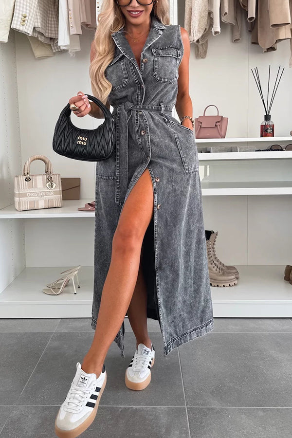 LB | Jednokolorowa sukienka bez rękawów z wiązaniem w talii Casual Bag Denim Midi Dress