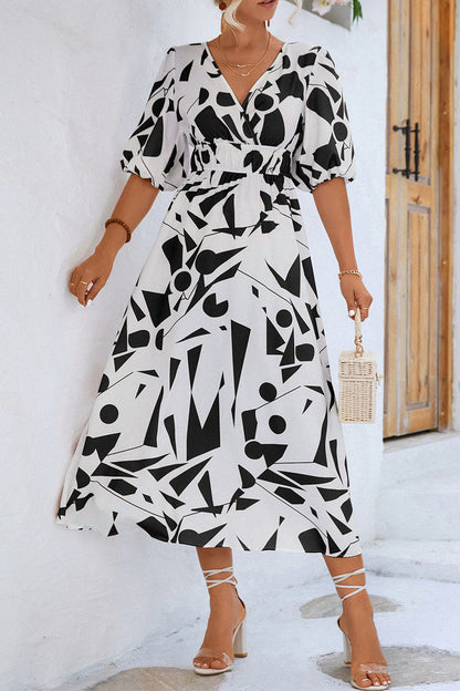 LB | Print V-neck Beach Bubble Sleeve Midi Dress