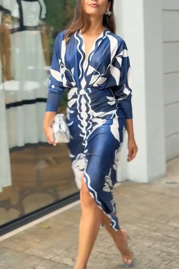LB | Caliana Unique Print Dolman Long Sleeve Ruffled Slit Midi Dress