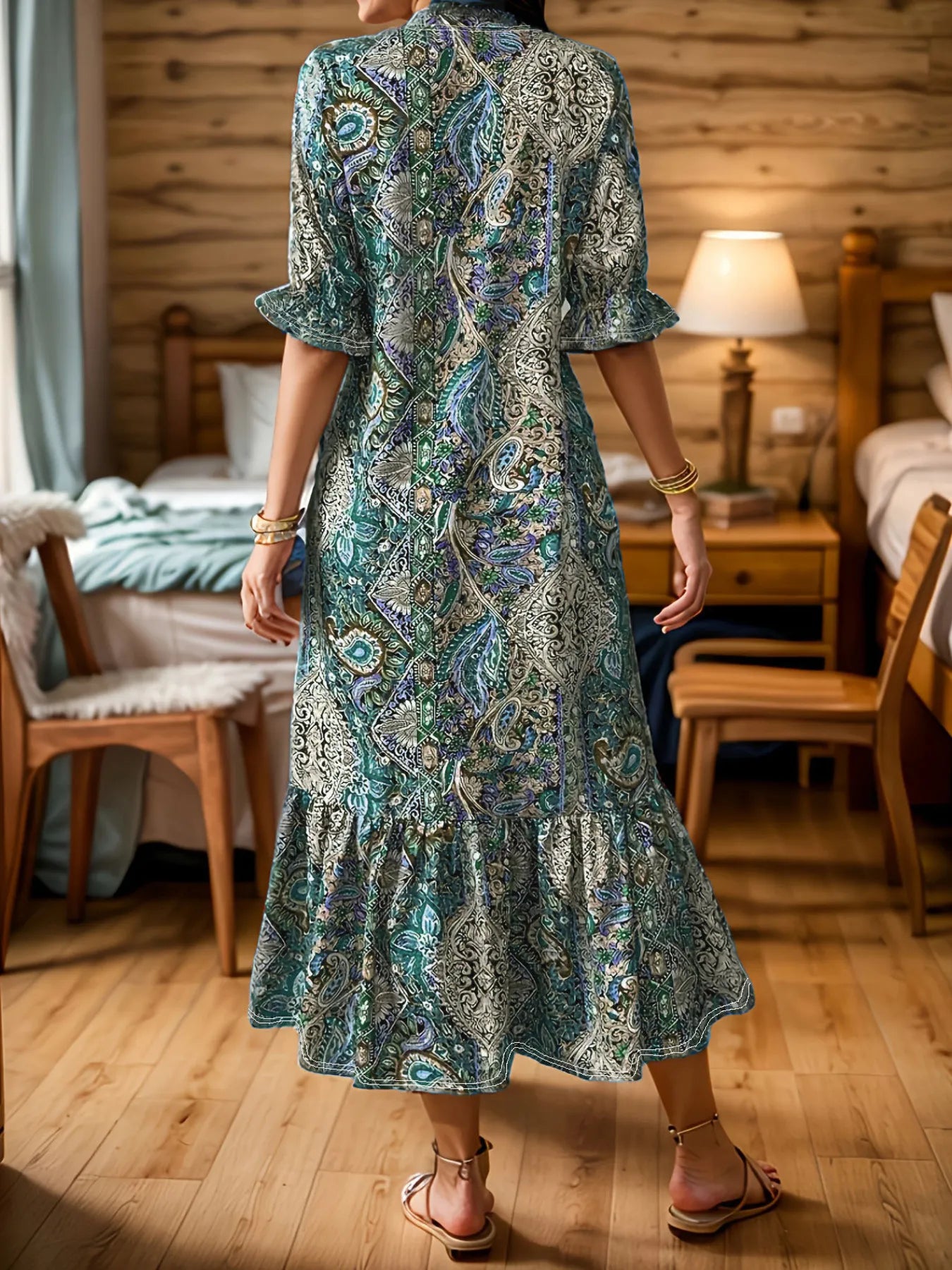 LB | Full Size Bohemian Paisley Print Ruffle Hem Midi Dress Plus Size