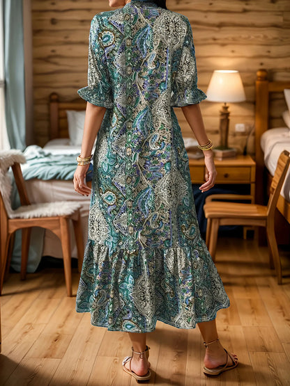 LB | Full Size Bohemian Paisley Print Ruffle Hem Midi Dress Plus Size