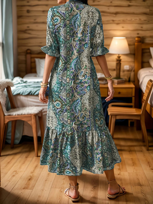 LB | Full Size Bohemian Paisley Print Ruffle Hem Midi Dress Plus Size