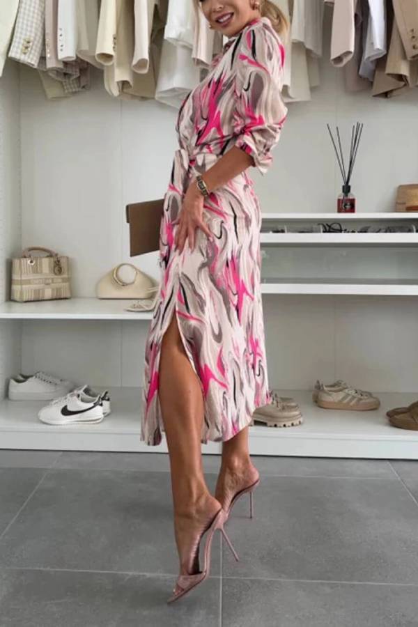LB | Elegant Ease Satynowa sukienka midi z nadrukiem w talii