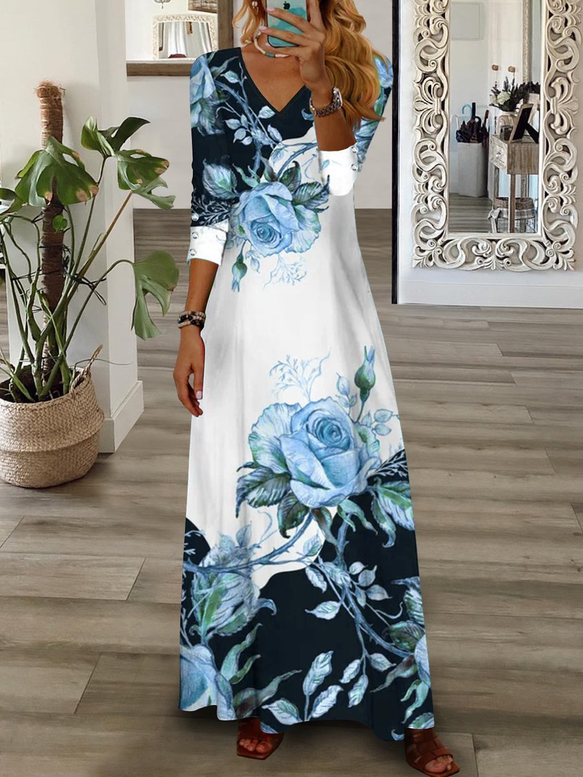 LB | Maxi Dress Floral V Neck Pink Green Blue Yellow Casual AT1004
