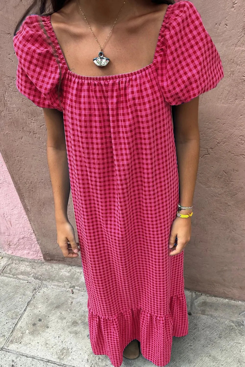 LB | SYNZ Gingham Check Bubble Sleeve Ruffled Maxi Dress