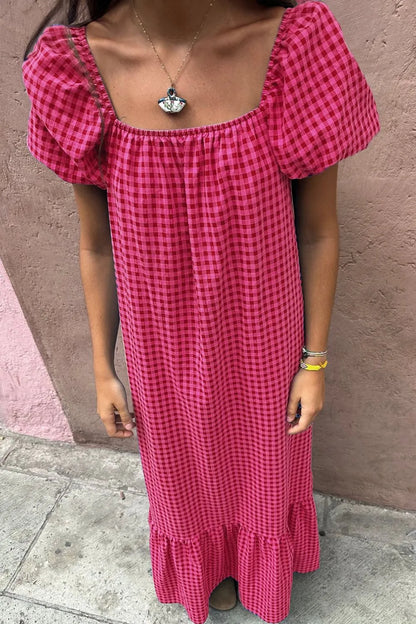 LB | SYNZ Gingham Check Bubble Sleeve Ruffled Maxi Dress