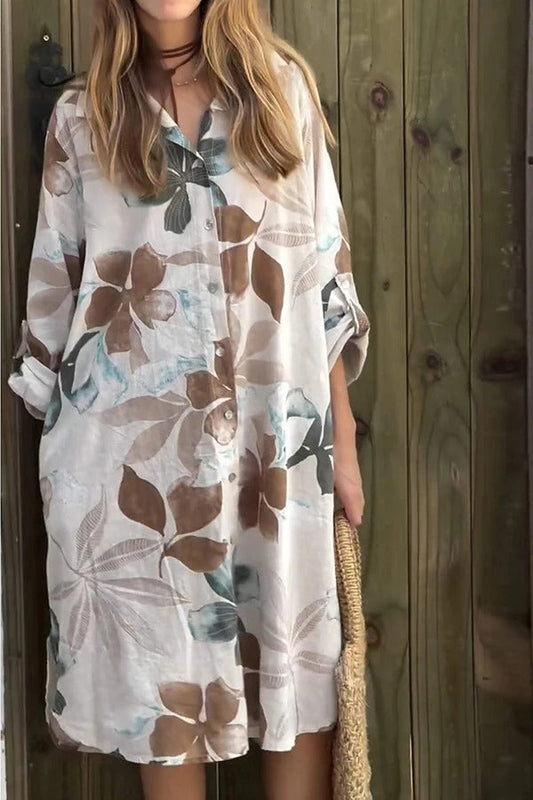 LB | Botanical Print Luźna sukienka midi z długim rękawem i kieszeniami, zapinana na jeden guzik