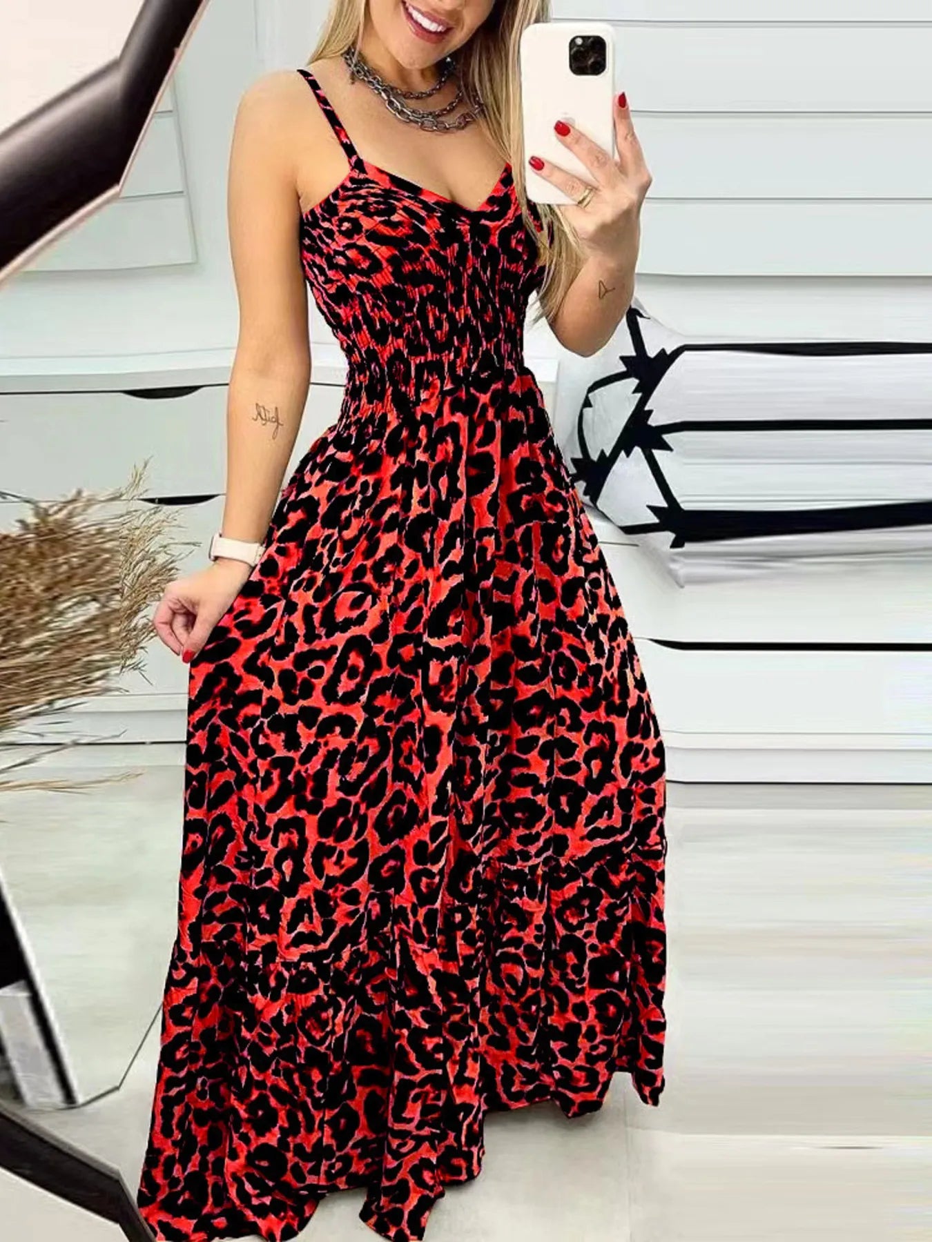 LB | Full Size Leopard Print Spaghetti Strap Maxi Dress Plus Size