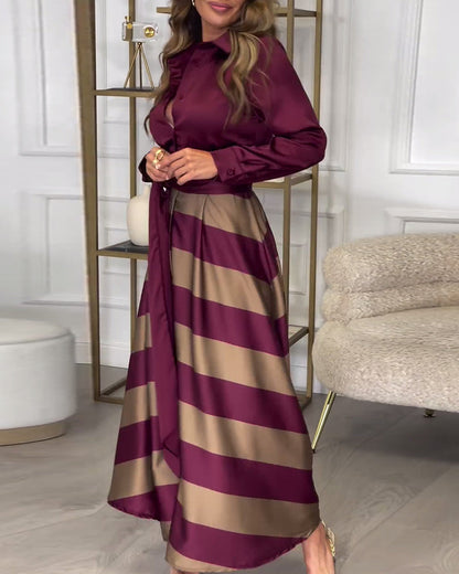LB | Elegancka koszulowa sukienka maxi z paskiem