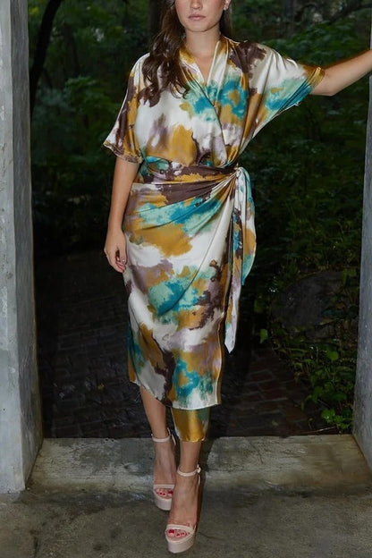LB | Cityscape Moment Satin Tie Dye Print Half Sleeve Wrap Midi Dress