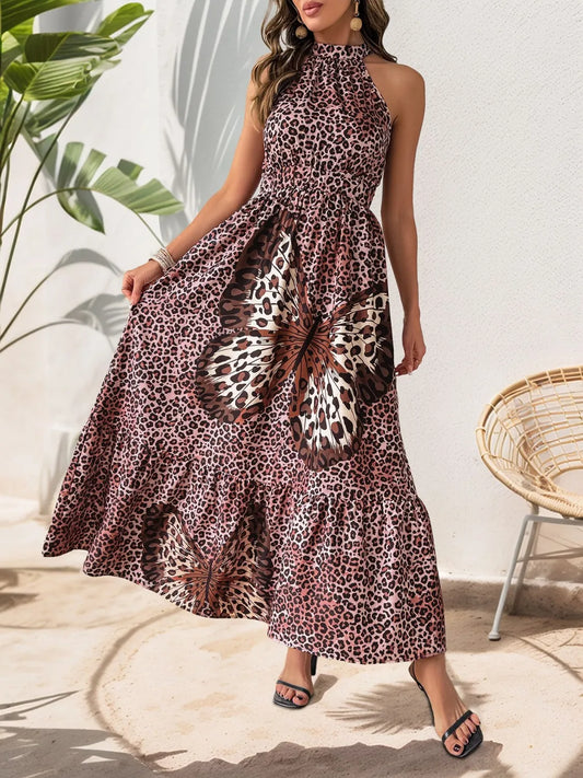 LB | Butterfly Leopard Grecian Neck Maxi Dress