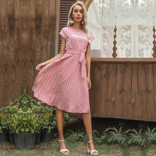 LB | Summer Women Polka Dot Short Sleeve Dress Casual Bandage Party Pleated Midi Dresses Elegant Green Office Lady Clothes