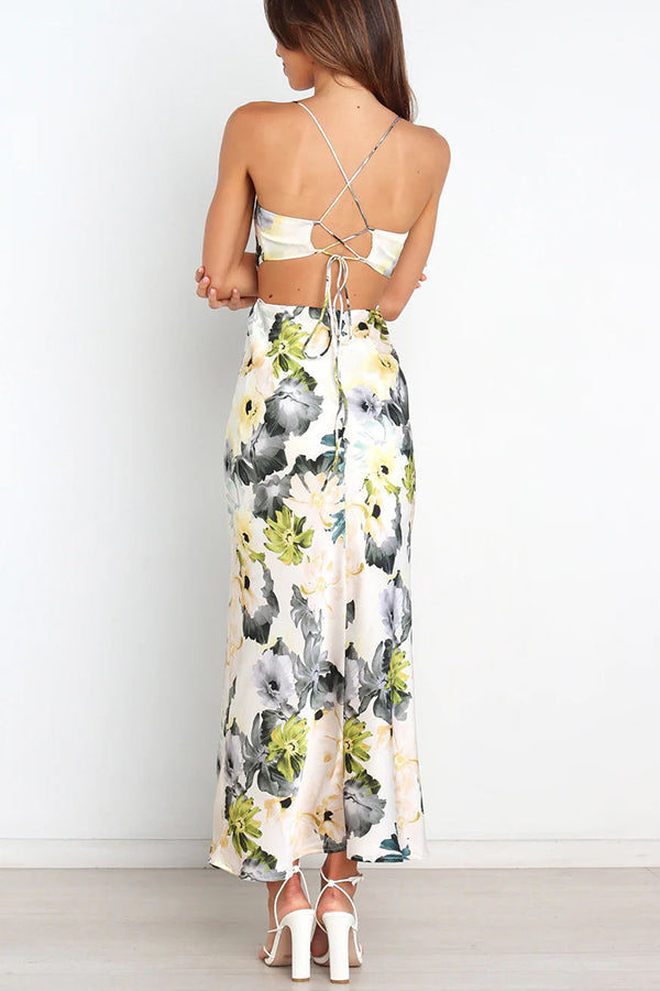 LB | Garden Party Floral Satin Cut Out Back Lace Up Maxi Dress