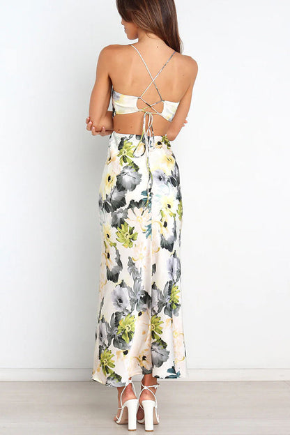 LB | Garden Party Floral Satin Cut Out Back Lace Up Maxi Dress