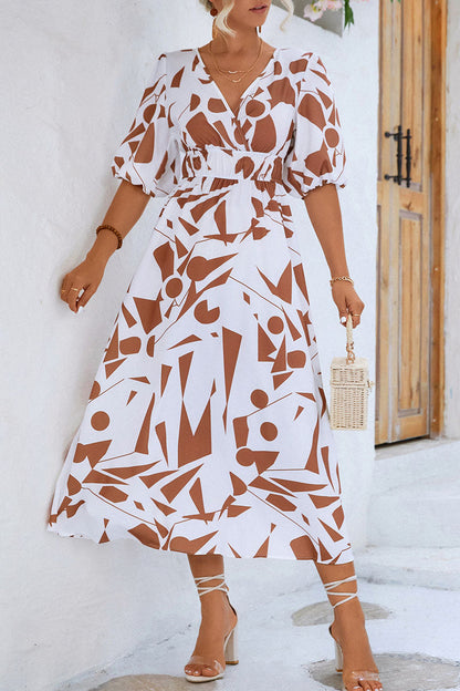 LB | Print V-neck Beach Bubble Sleeve Midi Dress