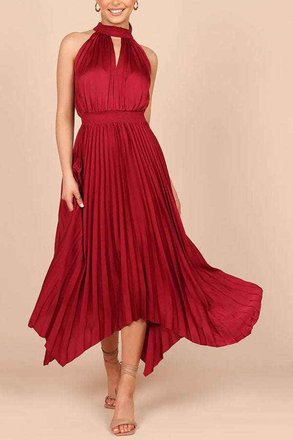 LB | Luxe Look Satin Pleated Halter Elastyczna sukienka midi w talii