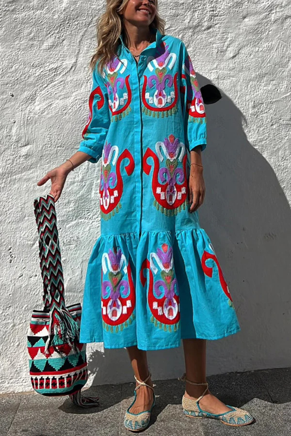 LB | Take Me To Cabo Ethnic Unique Print Button Loose Shirt Midi Dress