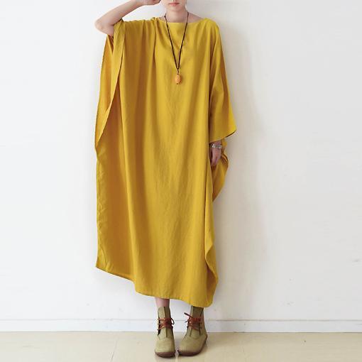 LB | Żółta bawełniana sukienka maxi Plus Size Casual Kaftans Batwing Sleeves