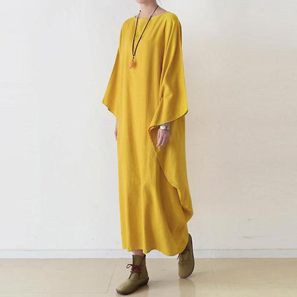 LB | Żółta bawełniana sukienka maxi Plus Size Casual Kaftans Batwing Sleeves