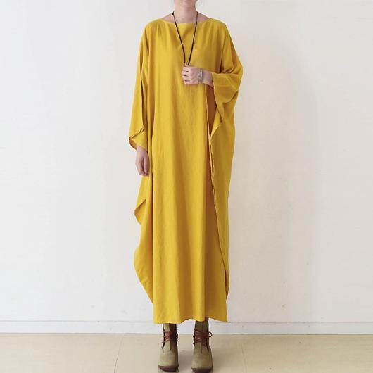 LB | Żółta bawełniana sukienka maxi Plus Size Casual Kaftans Batwing Sleeves