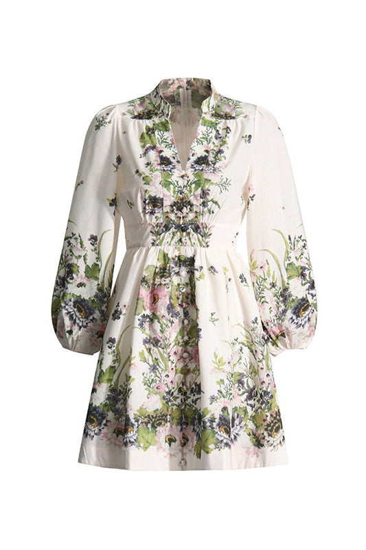 LB | French Style Plunge Floral Print Blouson Sleeve Plażowa sukienka mini na wakacje