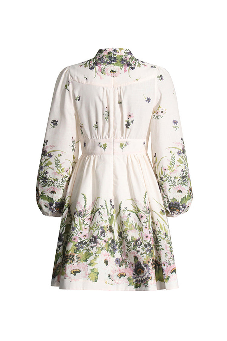 LB | French Style Plunge Floral Print Blouson Sleeve Plażowa sukienka mini na wakacje
