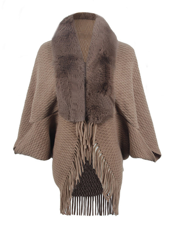 Women's fur collar knitted tassel cape cardigan Khaki FREESIZE cardigan cardigans clothes Sweater sweaters