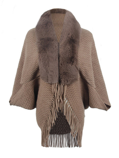 Women's fur collar knitted tassel cape cardigan Khaki FREESIZE cardigan cardigans clothes Sweater sweaters