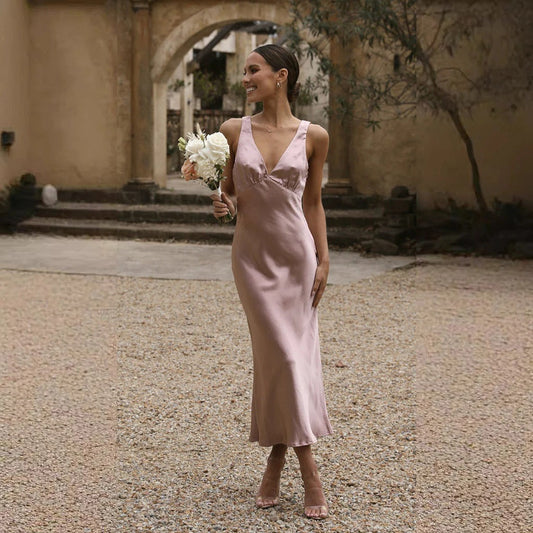 LB | Damska sukienka maxi - Slim fit - Luksusowy materiał - Głęboki dekolt V - Eleganckie ramiączka