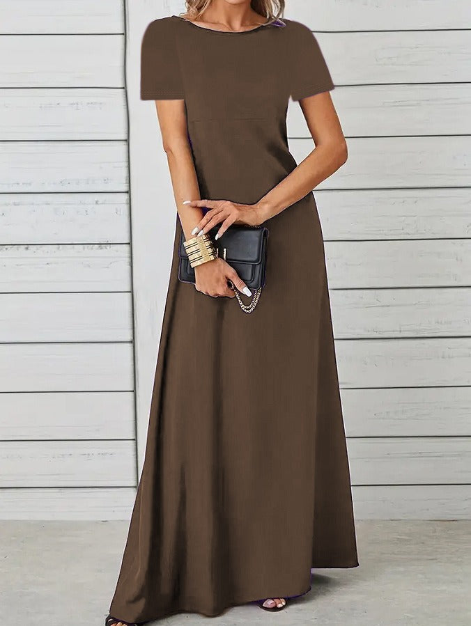 LB | Damska sukienka maxi - Slim Fit - Krótkie rękawy - Bawełna - Okrągły dekolt - Odzież codzienna
