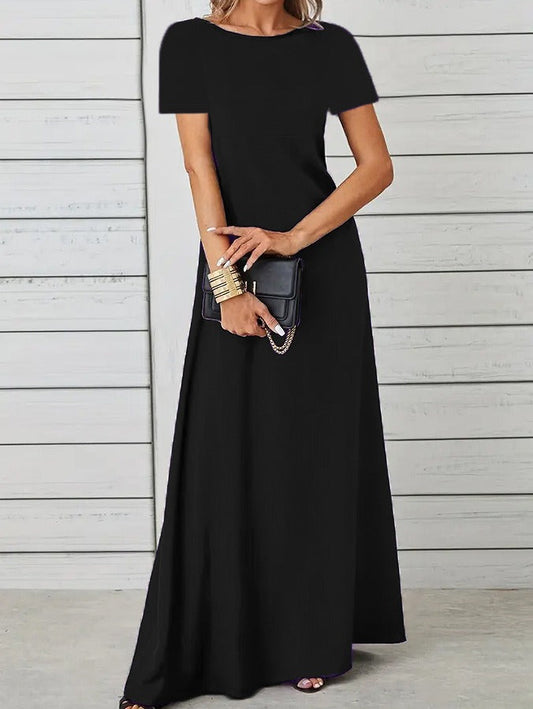 LB | Damska sukienka maxi - Slim Fit - Krótkie rękawy - Bawełna - Okrągły dekolt - Odzież codzienna