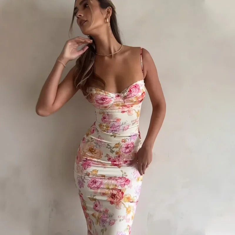 LB | Elegancka sukienka maxi w kwiaty z koronkowym wykończeniem