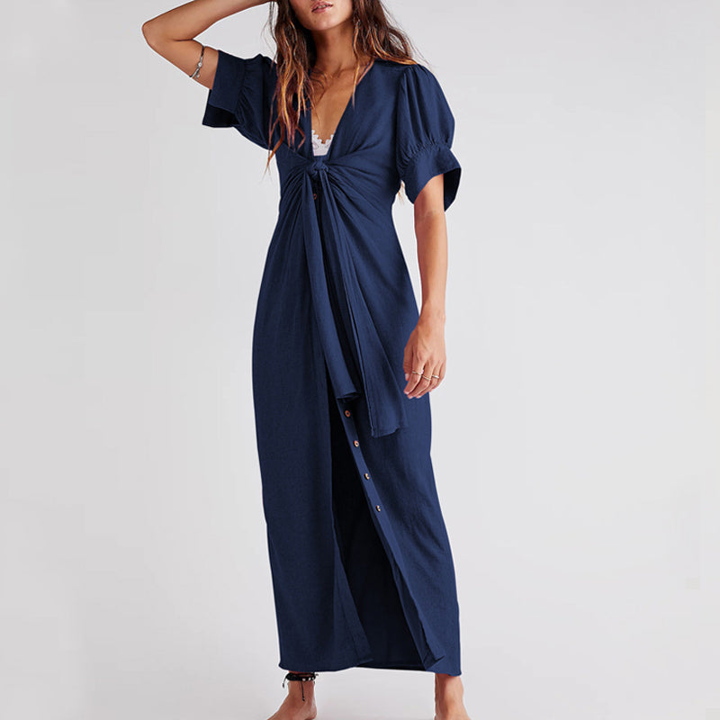 LB | Ladies Twist Front Puff Sleeve Solid Slit Maxi Dress