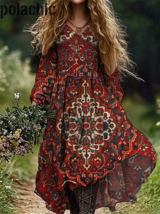 LB | Vintage Floral Art Print V-Neck z długimi rękawami Maxi Dress